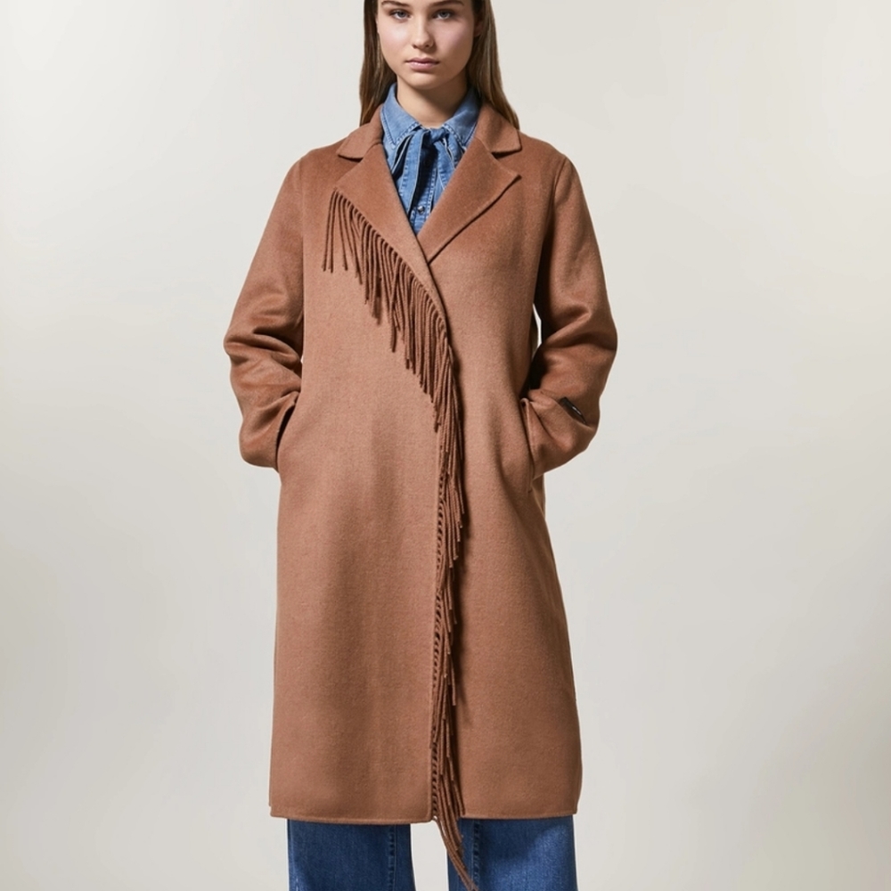 Persona Marina Rinaldi Tan Wool Blend Coat 12 Fringe Trim Dressy